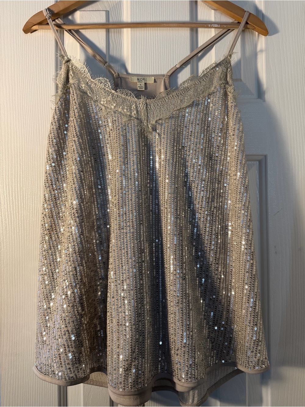 Kori America Silver Sequin Lace Camisole Tank Top Party Cocktail Evening Sz L